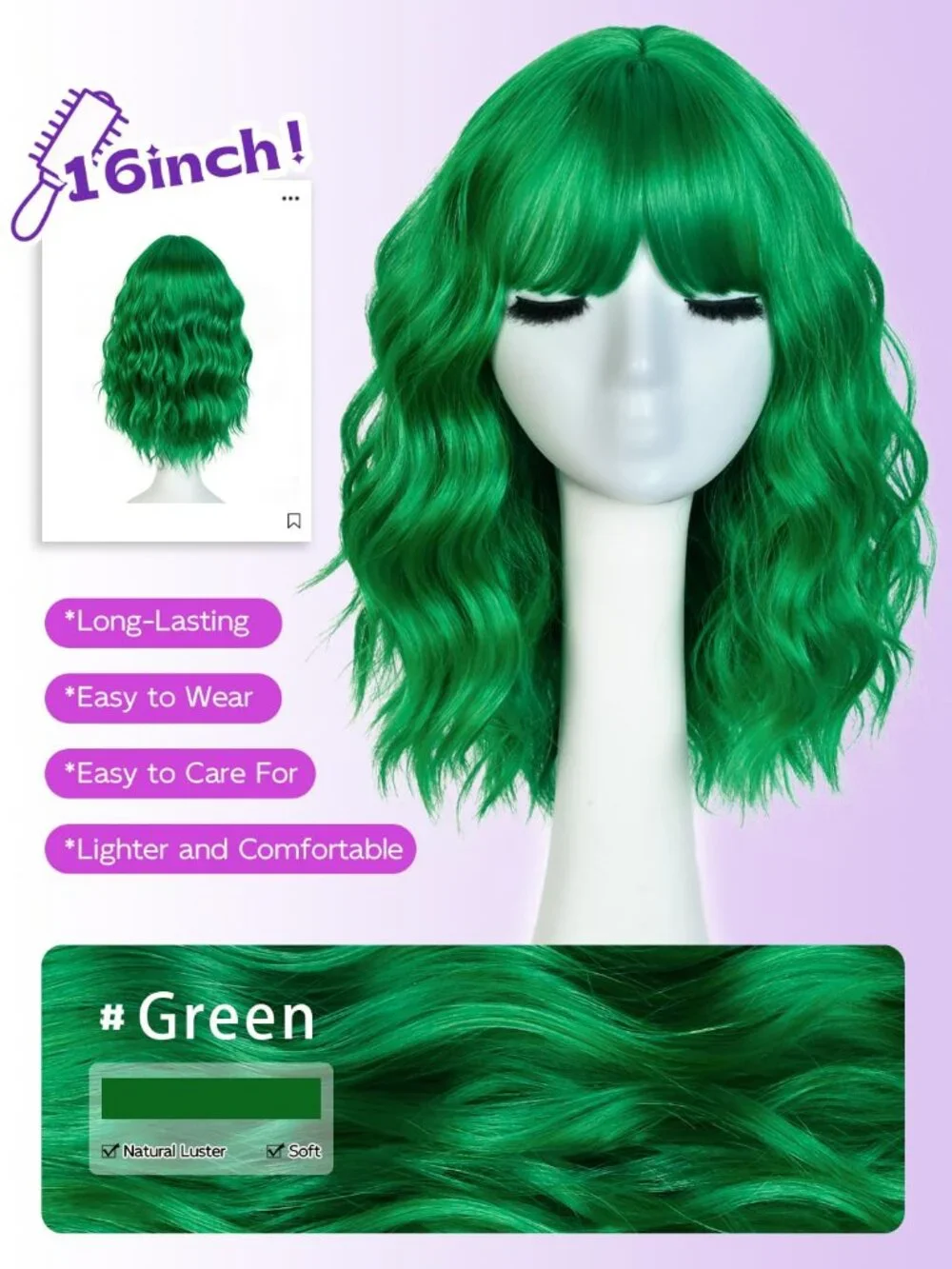 Women's Green 14 Inch Natural Synthetic Short Curly Wavy Fiber Wigs